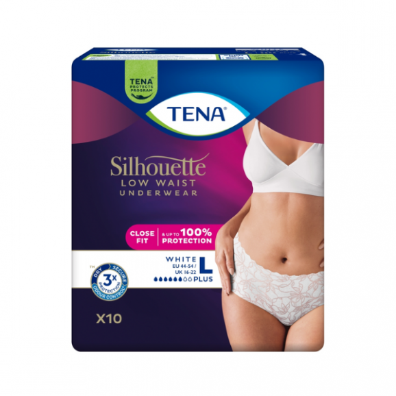 Tena Silhouette Lady Pants Plus, bielizna chłonna, White, rozmiar L, 95-125 cm, 10 szt. Tena Silhouette Lady Pants Plus, bielizna chłonna, White, rozmiar L, 95-125 cm, 10 szt. - zdjęcie produktu