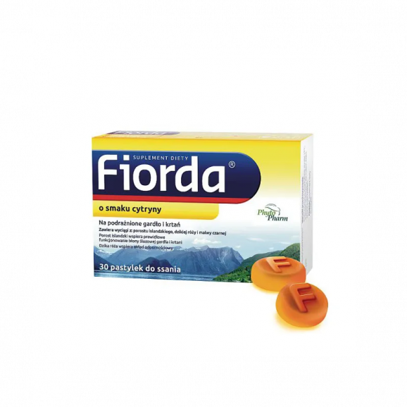 Fiorda, smak cytrynowy, pastylki do ssania, 30 szt. Fiorda, smak cytrynowy, pastylki do ssania, 30 szt. - zdjęcie produktu