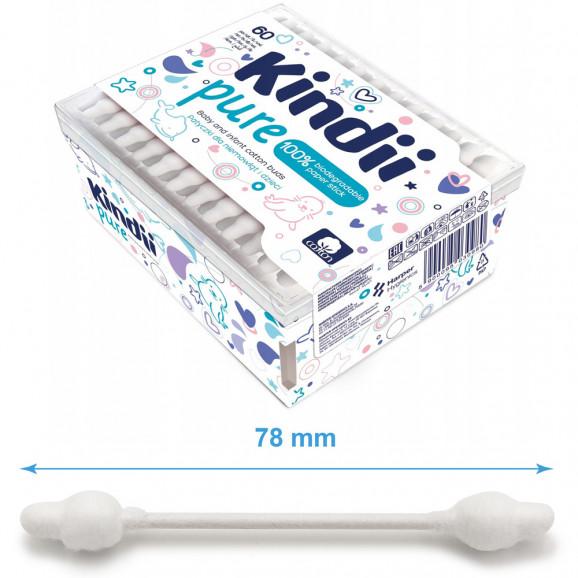 Kindii Pure Patyczki higieniczne dla niemowląt i dzieci, bawełniane, biodegradowalne (60 sztuk) - zdjęcie produktu