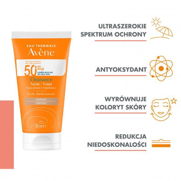 Avene Cleanance, bardzo wysoka ochrona przeciwsłoneczna SPF 50+, koloryzujący, 50 ml + Rolka do czyszczenia ubrań, 1 szt. - zdjęcie produktu