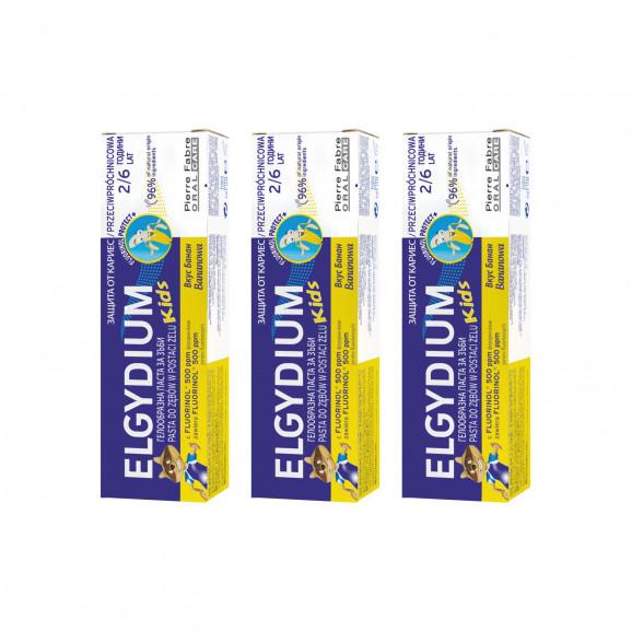 Elgydium Kids, przeciwpróchnicowa pasta do zębów dla dzieci 2-6 lat, bananowa, 3 x 50 ml Elgydium Kids, przeciwpróchnicowa pasta do zębów dla dzieci 2-6 lat, bananowa, 3 x 50 ml - zdjęcie produktu