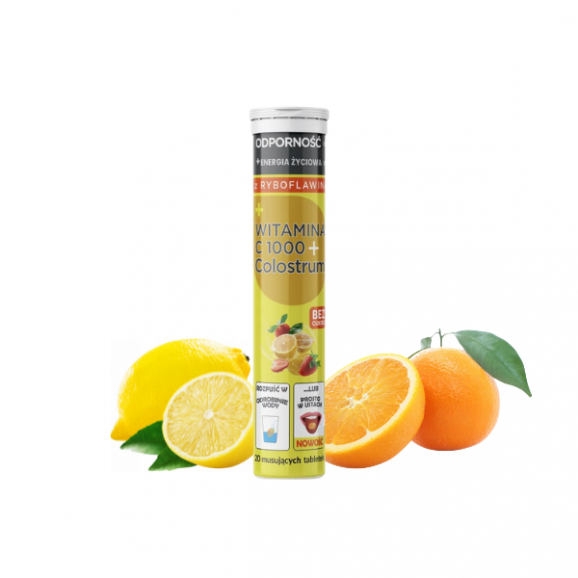 Colostrum Polska Witamina C 1000 + Colostrum, smak pomarańczowo-cytrynowy, tabletki musujące, 20 szt. - zdjęcie produktu