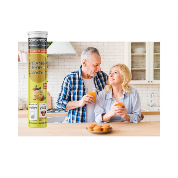 Colostrum Polska Witamina C 1000 + Colostrum, smak pomarańczowo-cytrynowy, tabletki musujące, 20 szt. - zdjęcie produktu