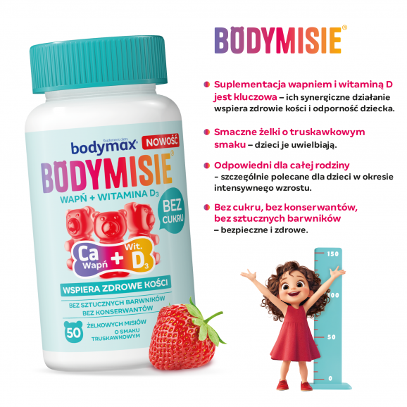 Bodymax Bodymisie Wapń + Witamina D3, żelki truskawkowe, 50 szt. - zdjęcie produktu
