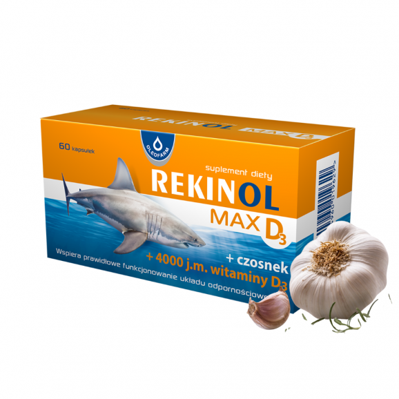 Oleofarm Rekinol MAX D3 + czosnek, olej z wątroby rekina, kapsułki, 60 szt. - zdjęcie produktu