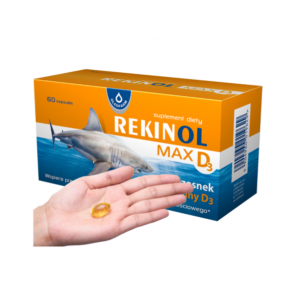 Oleofarm Rekinol MAX D3 + czosnek, olej z wątroby rekina, kapsułki, 60 szt. - zdjęcie produktu