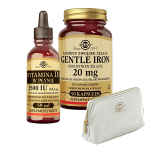 Zestaw Solgar Witamina D3 w płynie 2500 IU + Gentle Iron (żelazo) + kosmetyczka - zdjęcie produktu