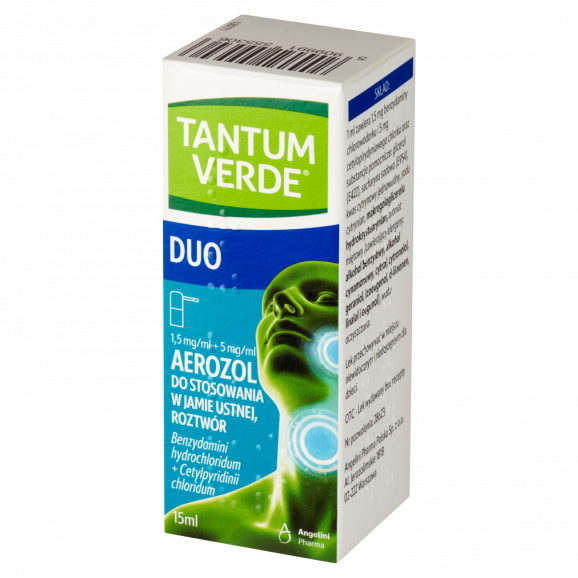 Tantum Verde Duo – aerozol 1,5 mg + 5 mg/ml do stosowania w jamie ustnej (15 ml) Tantum Verde Duo – aerozol 1,5 mg + 5 mg/ml do stosowania w jamie ustnej (15 ml) - zdjęcie produktu