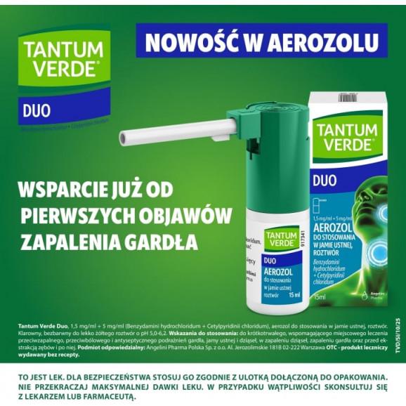 Tantum Verde Duo – aerozol 1,5 mg + 5 mg/ml do stosowania w jamie ustnej (15 ml) Tantum Verde Duo – aerozol 1,5 mg + 5 mg/ml do stosowania w jamie ustnej (15 ml) - zdjęcie produktu