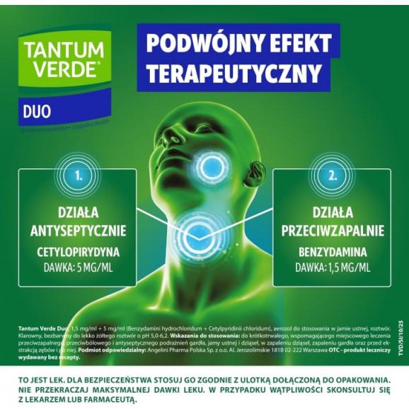 Tantum Verde Duo – aerozol 1,5 mg + 5 mg/ml do stosowania w jamie ustnej (15 ml) Tantum Verde Duo – aerozol 1,5 mg + 5 mg/ml do stosowania w jamie ustnej (15 ml) - zdjęcie produktu