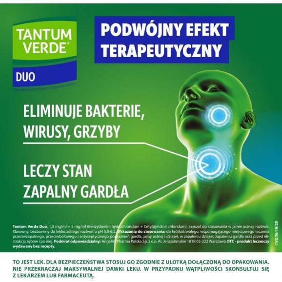 Tantum Verde Duo – aerozol 1,5 mg + 5 mg/ml do stosowania w jamie ustnej (15 ml) Tantum Verde Duo – aerozol 1,5 mg + 5 mg/ml do stosowania w jamie ustnej (15 ml) - zdjęcie produktu