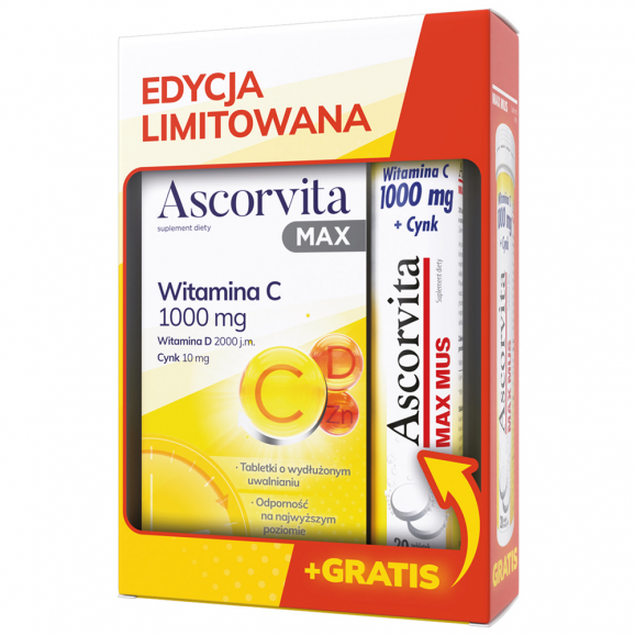 Ascorvita Max 30 tabletek + 20 tabletek musujących – suplement diety Ascorvita Max 30 tabletek + 20 tabletek musujących – suplement diety - zdjęcie produktu