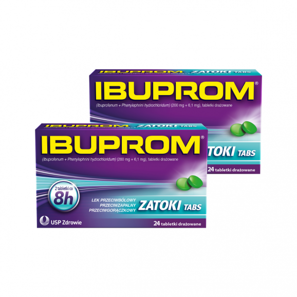 Ibuprom Zatoki Tabs 200 mg + 6,1 mg, 2 x 24 tabletki drażowane Ibuprom Zatoki Tabs 200 mg + 6,1 mg, 2 x 24 tabletki drażowane - zdjęcie produktu