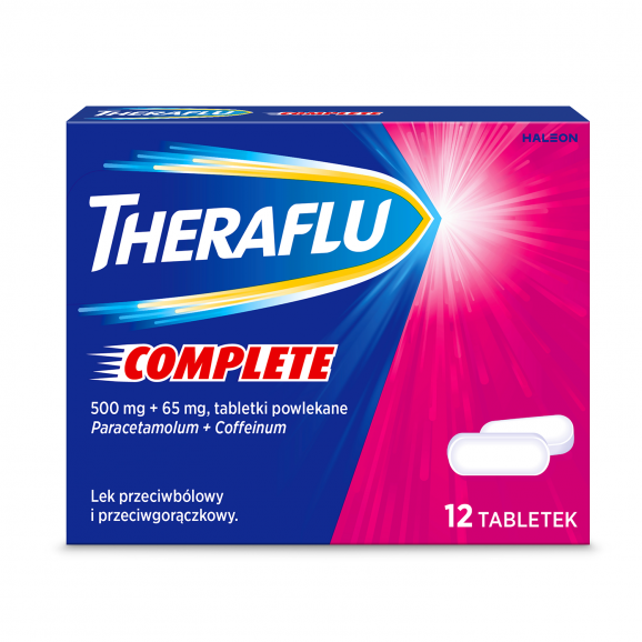 Theraflu Complete 500 mg + 65 mg – lek przeciwbólowy i przeciwgorączkowy (12 tabletki powlekane) Theraflu Complete 500 mg + 65 mg – lek przeciwbólowy i przeciwgorączkowy (12 tabletki powlekane) - zdjęcie produktu