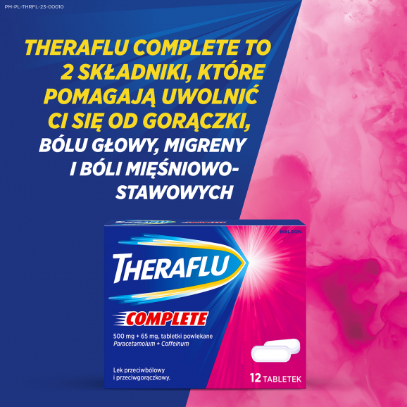 Theraflu Complete 500 mg + 65 mg – lek przeciwbólowy i przeciwgorączkowy (12 tabletki powlekane) Theraflu Complete 500 mg + 65 mg – lek przeciwbólowy i przeciwgorączkowy (12 tabletki powlekane) - zdjęcie produktu