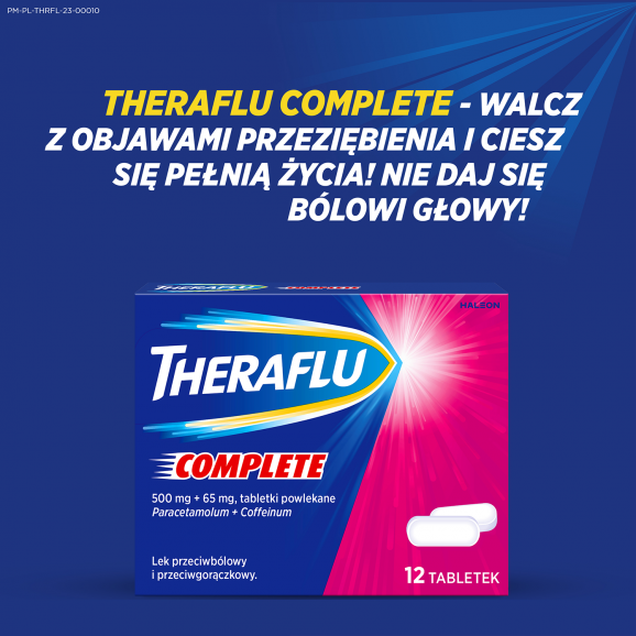 Theraflu Complete 500 mg + 65 mg – lek przeciwbólowy i przeciwgorączkowy (12 tabletki powlekane) Theraflu Complete 500 mg + 65 mg – lek przeciwbólowy i przeciwgorączkowy (12 tabletki powlekane) - zdjęcie produktu