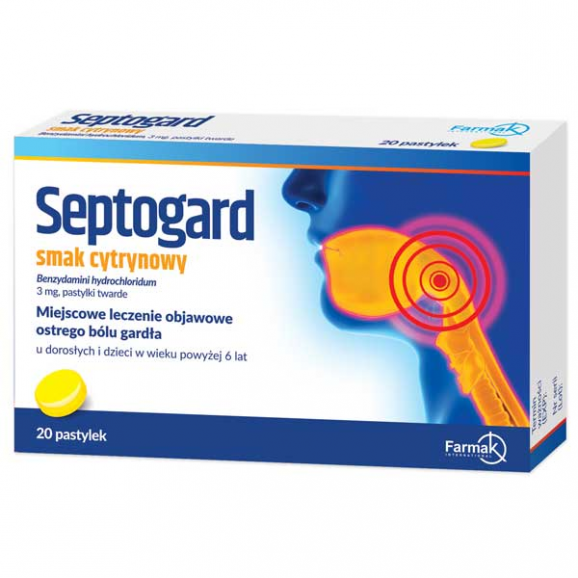 Septogard smak cytrynowy – pastylki do ssania 3 mg, 20 sztuk Septogard smak cytrynowy – pastylki do ssania 3 mg, 20 sztuk - zdjęcie produktu