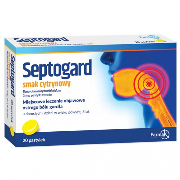 Septogard smak cytrynowy – pastylki do ssania 3 mg, 20 sztuk Septogard smak cytrynowy – pastylki do ssania 3 mg, 20 sztuk - zdjęcie produktu