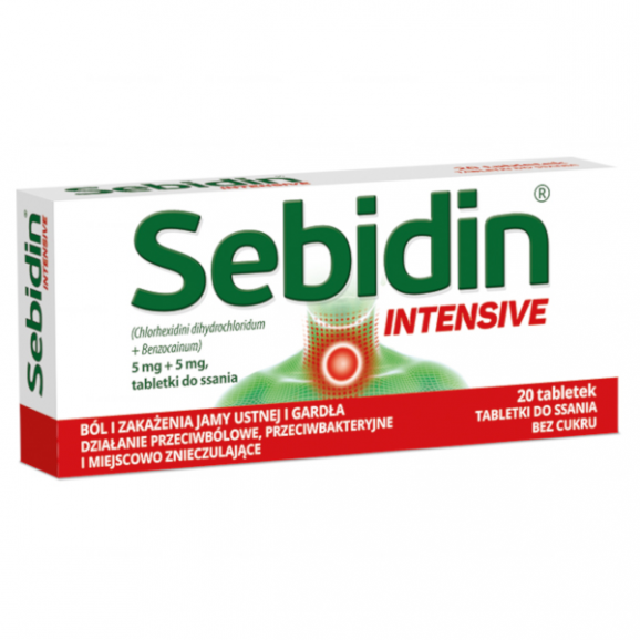 Sebidin Intensive 5 mg + 5 mg – tabletki do ssania (20 szt.) Sebidin Intensive 5 mg + 5 mg – tabletki do ssania (20 szt.) - zdjęcie produktu