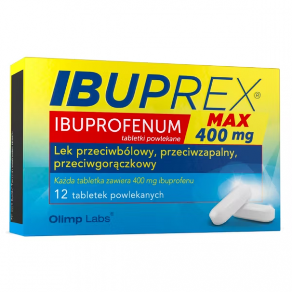 Ibuprex Max 400 mg, tabletki powlekane – lek przeciwbólowy, przeciwzapalny i przeciwgorączkowy (12 szt.) Ibuprex Max 400 mg, tabletki powlekane – lek przeciwbólowy, przeciwzapalny i przeciwgorączkowy (12 szt.) - zdjęcie produktu