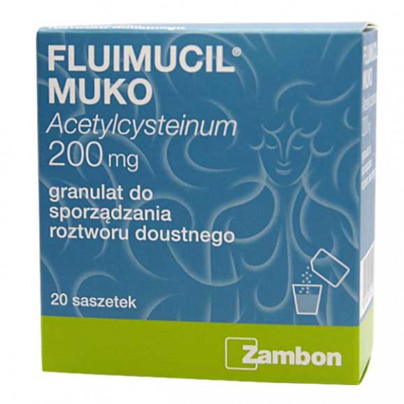 Fluimucil Muko 200 mg – granulat do sporządzania roztworu doustnego (20 saszetek) Fluimucil Muko 200 mg – granulat do sporządzania roztworu doustnego (20 saszetek) - zdjęcie produktu