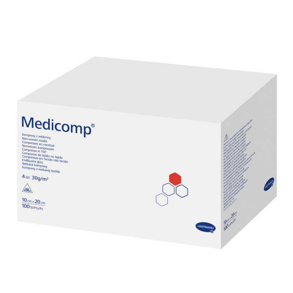 Kompresy Medicomp, niejałowe włókninowe, 4-warstwowe, 10x20 cm (100 sztuk) Kompresy Medicomp, niejałowe włókninowe, 4-warstwowe, 10x20 cm (100 sztuk) - zdjęcie produktu