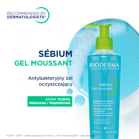 Bioderma Sebium Gel Moussant, antybakteryjny żel do mycia twarzy, cera mieszana i trądzikowa, 500 ml - zdjęcie produktu