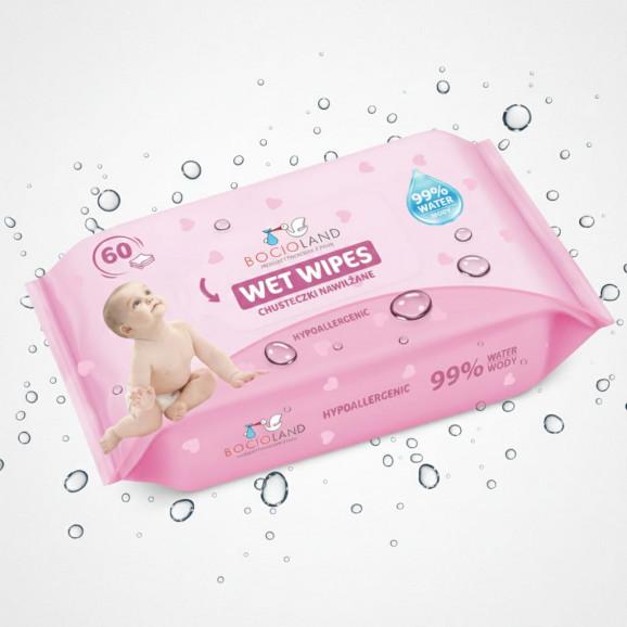 Bocioland Delikatne chusteczki nawilżane dla dzieci – 99% Wody (60 sztuk) - zdjęcie produktu