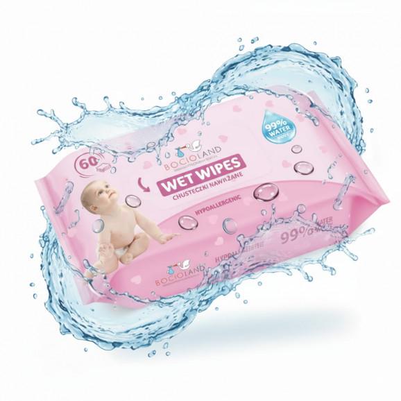 Bocioland Delikatne chusteczki nawilżane dla dzieci – 99% Wody (60 sztuk) - zdjęcie produktu