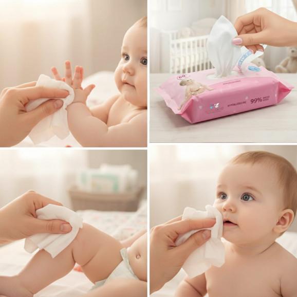 Bocioland Delikatne chusteczki nawilżane dla dzieci – 99% Wody (60 sztuk) - zdjęcie produktu