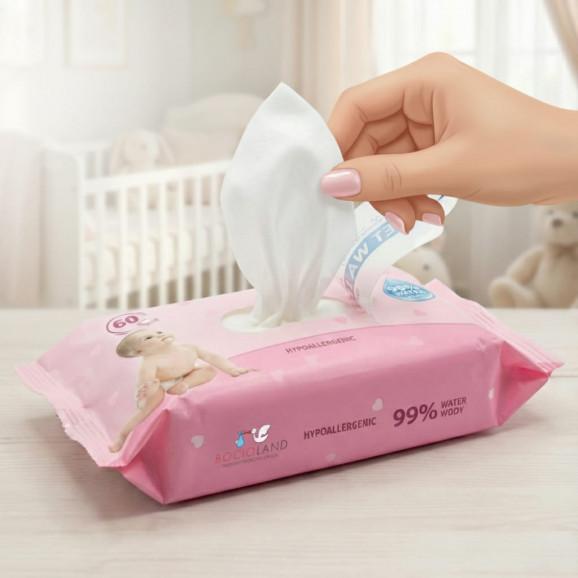 Bocioland Delikatne chusteczki nawilżane dla dzieci – 99% Wody (60 sztuk) - zdjęcie produktu