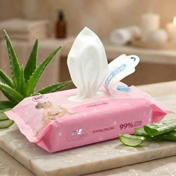 Bocioland Delikatne chusteczki nawilżane dla dzieci – 99% Wody (60 sztuk) - zdjęcie produktu