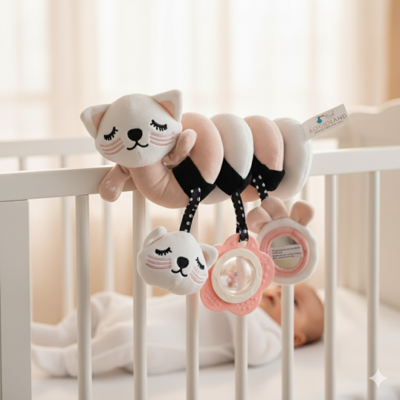 Zawieszka sensoryczna pluszowa Kotek z lusterkiem i grzechotką Bocioland - zdjęcie produktu