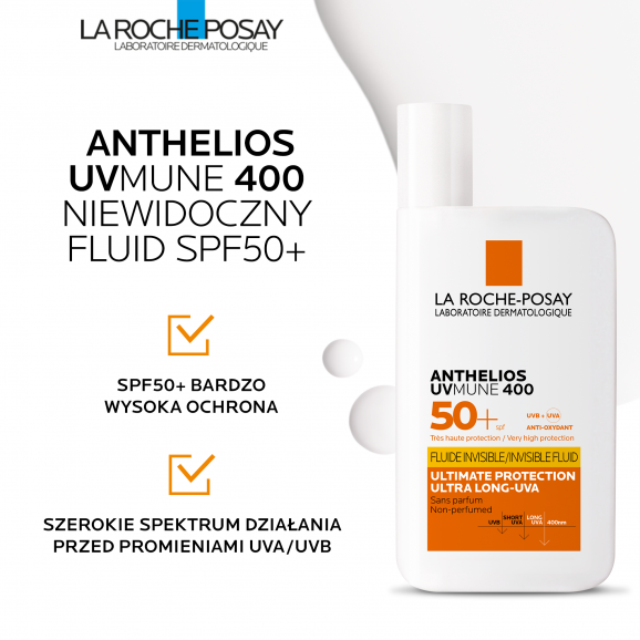 La Roche-Posay Anthelios UVMune 400, niewidoczny fluid ochronny, SPF 50+, 50 ml - zdjęcie produktu