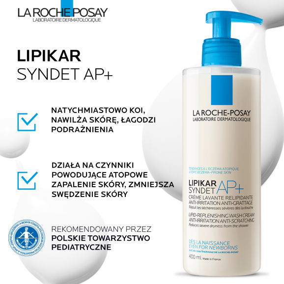 La Roche-Posay Lipikar Syndet AP+ Krem myjący do ciała uzupełniający poziom lipidów, od urodzenia, 400 ml La Roche-Posay Lipikar Syndet AP+ Krem myjący do ciała uzupełniający poziom lipidów, od urodzenia, 400 ml - zdjęcie produktu