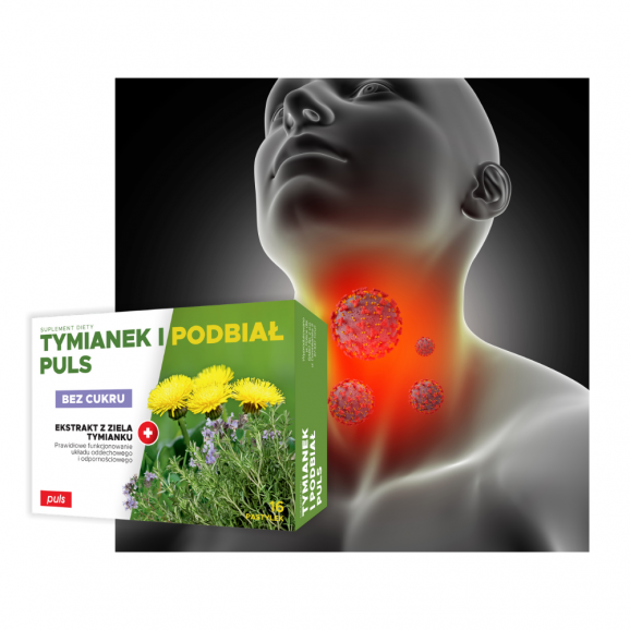 PULS Tymianek i Podbiał, smak ziołowy, pastylki do ssania bez cukru, 16 sztuk - zdjęcie produktu