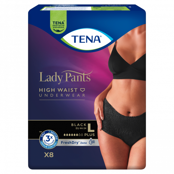 TENA Lady Pants Plus Black – bielizna chłonna, rozmiar L, 8 sztuk - zdjęcie produktu