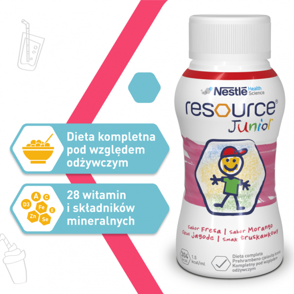 Nestle Resource Junior smak truskawkowy – preparat odżywczy dla dzieci powyżej 1 roku (4 x 200 ml) - zdjęcie produktu
