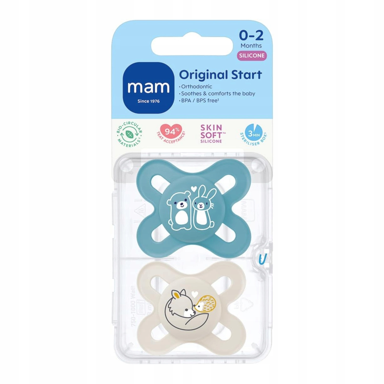 MAM Original Start 0-2m, smoczek uspokajający, silikonowy, ortodontyczny Planet Love Boy, 2 sztuki