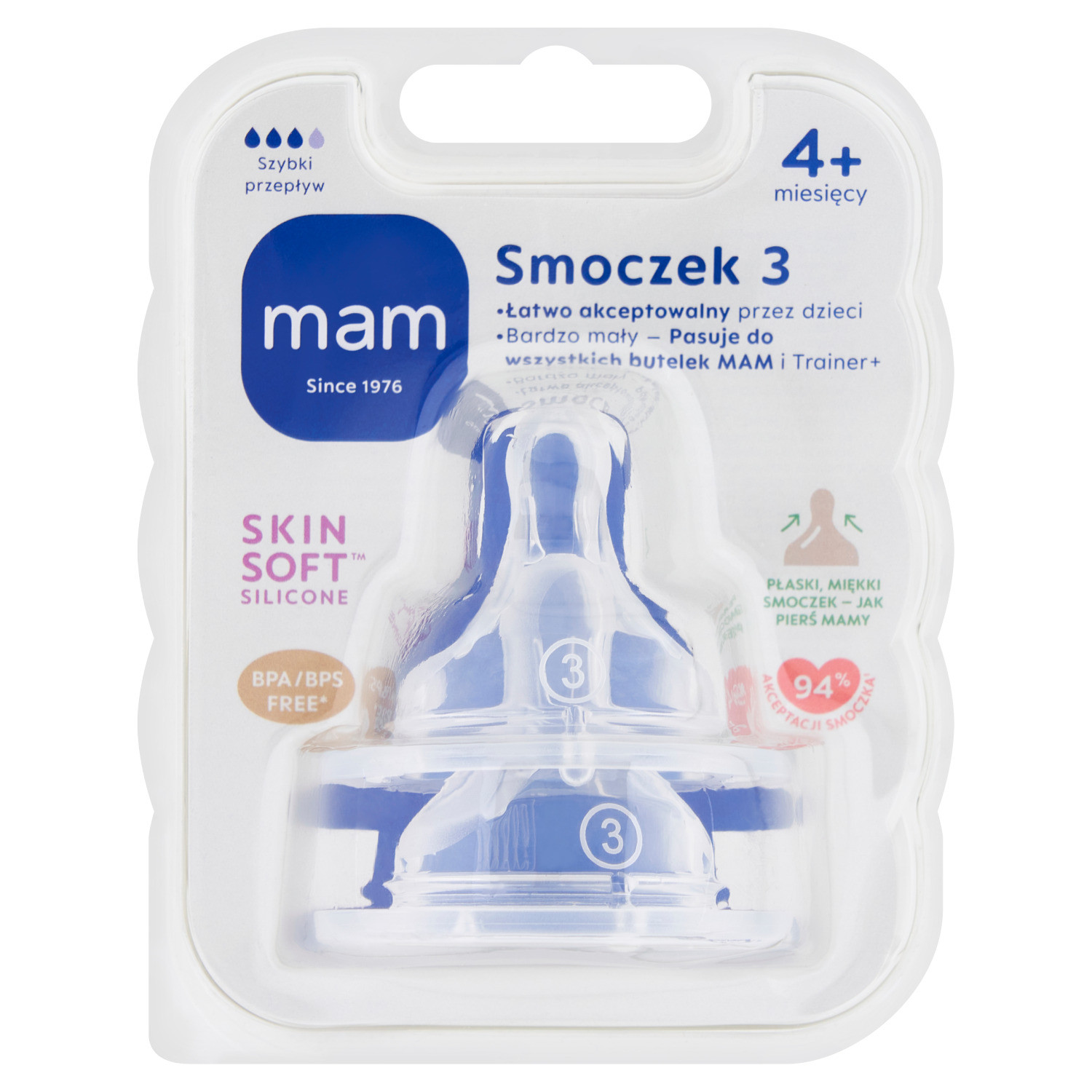 MAM Smoczek silikonowy do butelki SkinSoft 4m+ rozmiar 3 (2 sztuki)