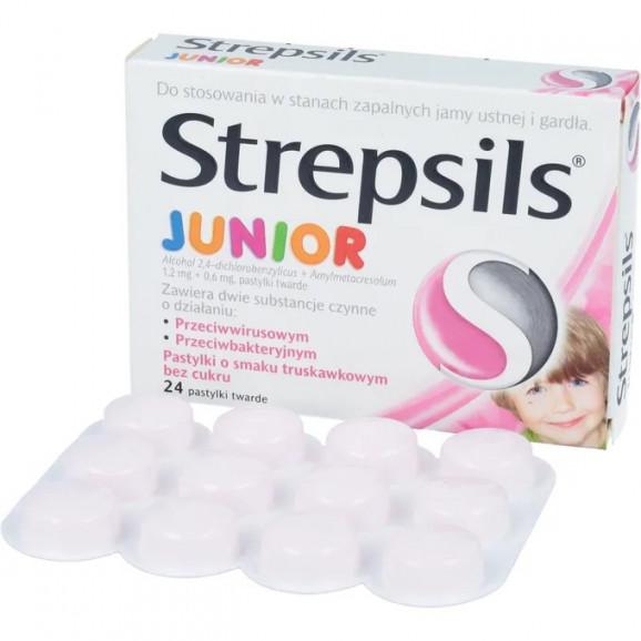 [31.05.2026] Strepsils Junior, pastylki do ssania bez cukru o smaku truskawkowym, 24 sztuki - zdjęcie produktu