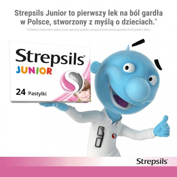 [31.05.2026] Strepsils Junior, pastylki do ssania bez cukru o smaku truskawkowym, 24 sztuki - zdjęcie produktu
