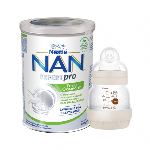 Nestlé NAN Expert Pro Total Comfort – mleko modyfikowane na zaparcia i kolki dla niemowląt od urodzenia 400 g + butelka 130 Nestlé NAN Expert Pro Total Comfort – mleko modyfikowane na zaparcia i kolki dla niemowląt od urodzenia 400 g + butelka 130 - zdjęcie produktu