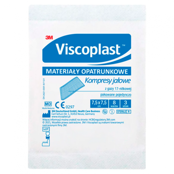 Viscoplast Kompresy Gazowe Jałowe 7,5x7,5 cm (3 szt.) Viscoplast Kompresy Gazowe Jałowe 7,5x7,5 cm (3 szt.) - zdjęcie produktu