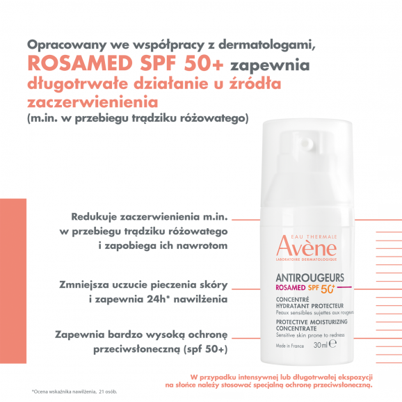 Avene Eau Thermale Antirougeurs Rosamed, koncentrat nawilżająco-ochronny, SPF 50+, 30 ml Avene Eau Thermale Antirougeurs Rosamed, koncentrat nawilżająco-ochronny, SPF 50+, 30 ml - zdjęcie produktu
