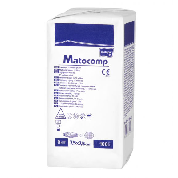 Matocomp, kompres niejałowy, 17-nitkowy, 8-warstwowy, 7,5 cm x 7,5 cm – 100 sztuk Matocomp, kompres niejałowy, 17-nitkowy, 8-warstwowy, 7,5 cm x 7,5 cm – 100 sztuk - zdjęcie produktu