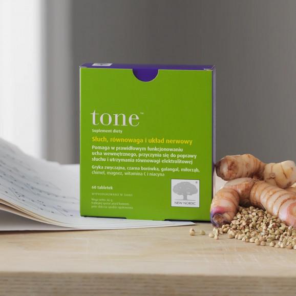 Tone, tabletki ze składnikami wspomagającymi prawidłowe funkcjonowanie ucha wewnętrznego – 60 szt. Tone, tabletki ze składnikami wspomagającymi prawidłowe funkcjonowanie ucha wewnętrznego – 60 szt. - zdjęcie produktu