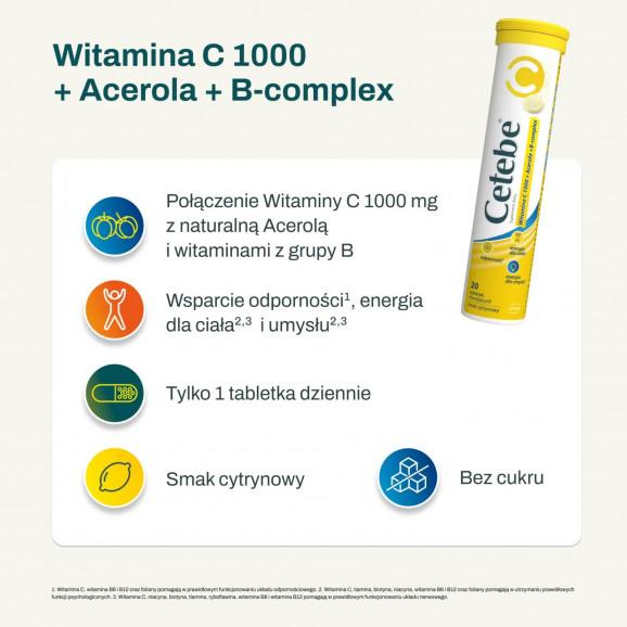 [30.06.2026] Cetebe Witamina C 1000 + Acerola + B-complex – suplement diety (20 tabletek musujących, smak cytrynowy) - zdjęcie produktu