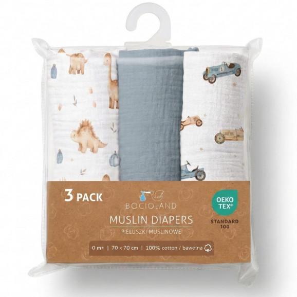 Bocioland Pieluszki muślinowe 70x70 cm 3-pack niebieskie (BL301) - zdjęcie produktu