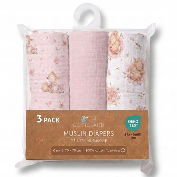 Bocioland Pieluszki muślinowe 70x70 cm 3-pack Róż (BL303) - zdjęcie produktu